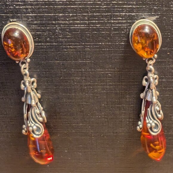 Vintage Sterling Silver Genuine Baltic Amber Leaves Teardrop Dangle Earrings - Picture 5 of 5